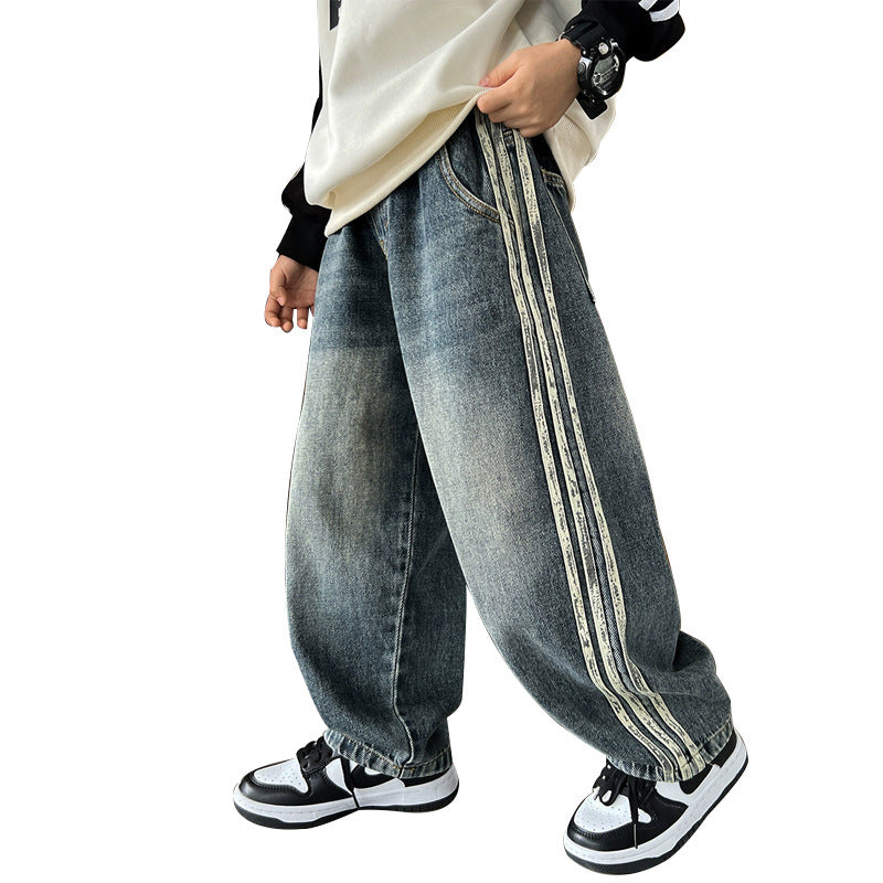 Unisex lässige Baggy-Jeans mit seitlichen Streifen Drune