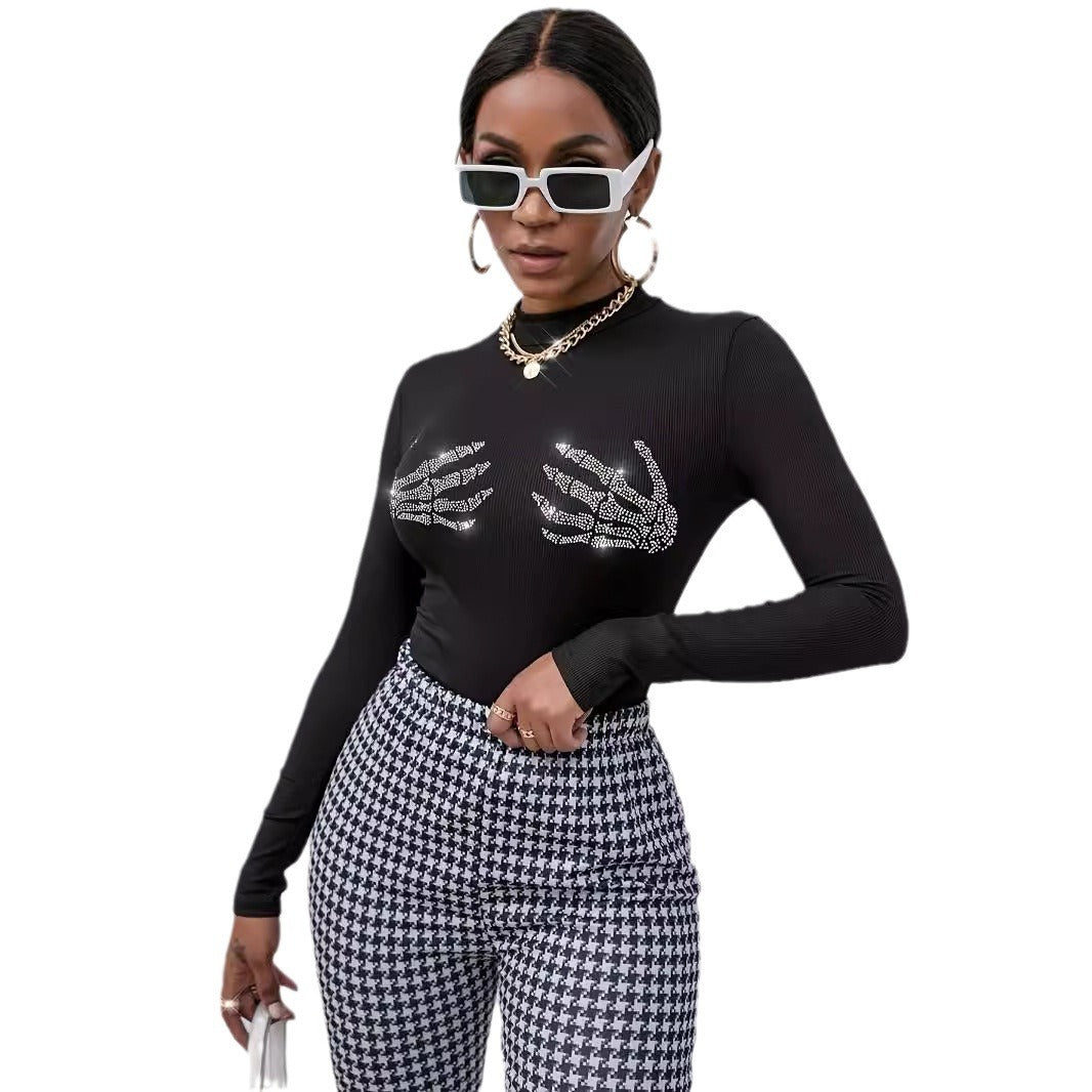 Damen nan figurbetontes transparentes Netz-Langarmshirt mit hohem Kragen und Strass-Skelettmotiv Drune