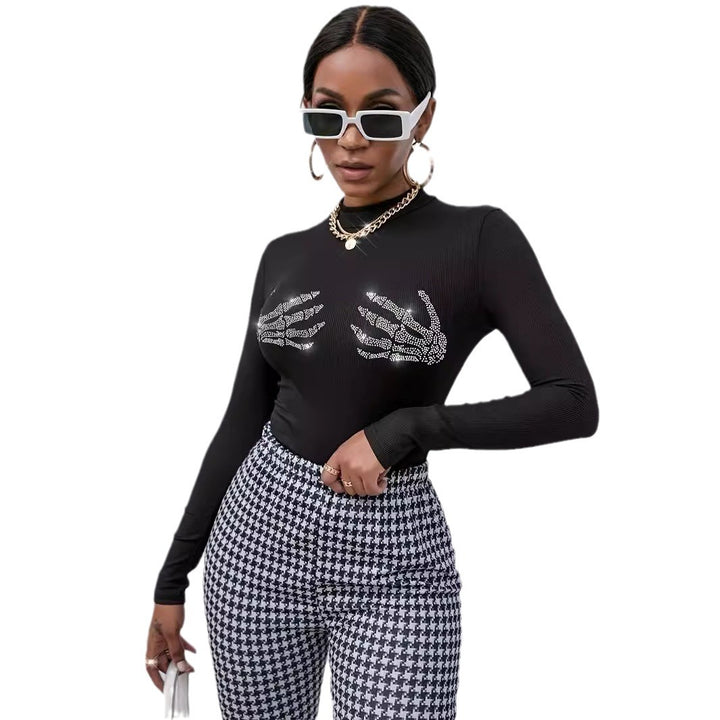 Damen nan figurbetontes transparentes Netz-Langarmshirt mit hohem Kragen und Strass-Skelettmotiv Drune