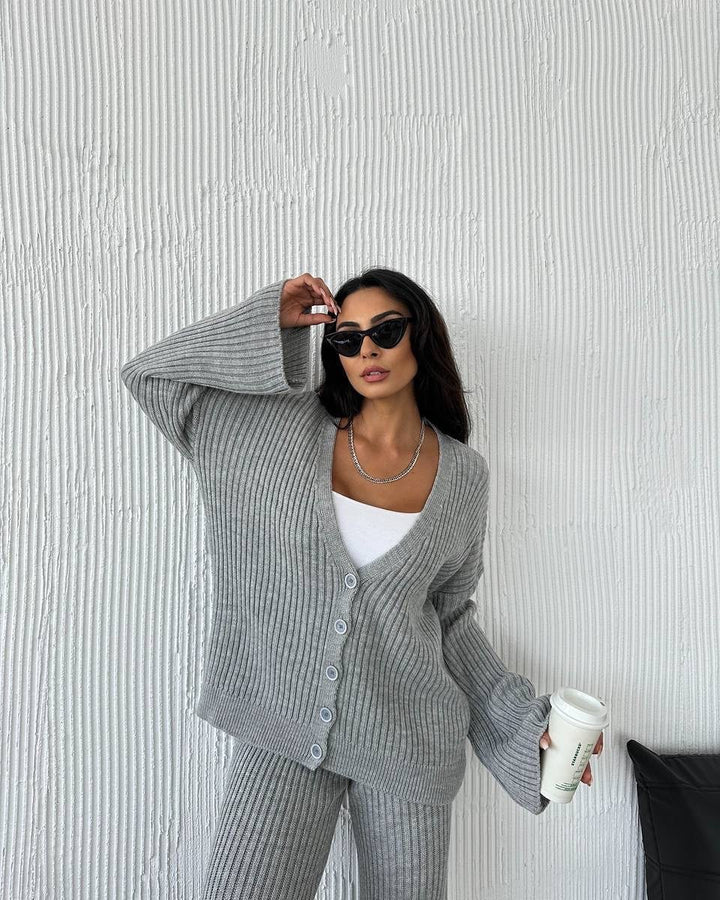 Damen Rippstrick-Cardigan mit überlangen Ärmeln und passender High-Waist-Loungehose Drune