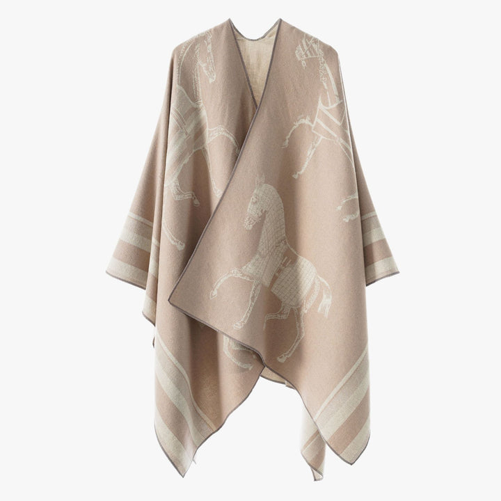 Damen Jacquard-Poncho-Überwurf mit Pferde-Motiv und kastiger Kimono-Silhouette Drune