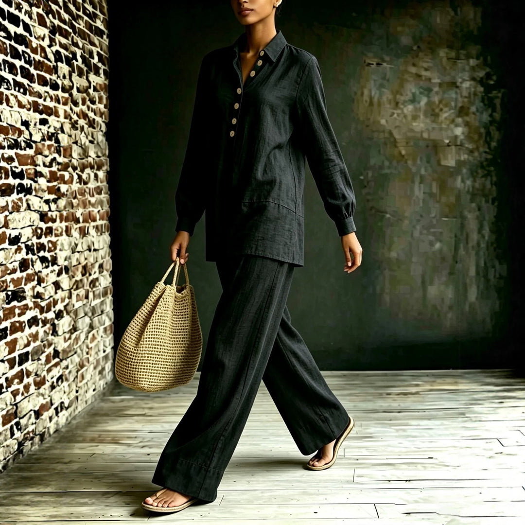 Damen Tunika-Hose Set aus Leinenoptik mit Hemdkragen und weitem Schnitt Drune