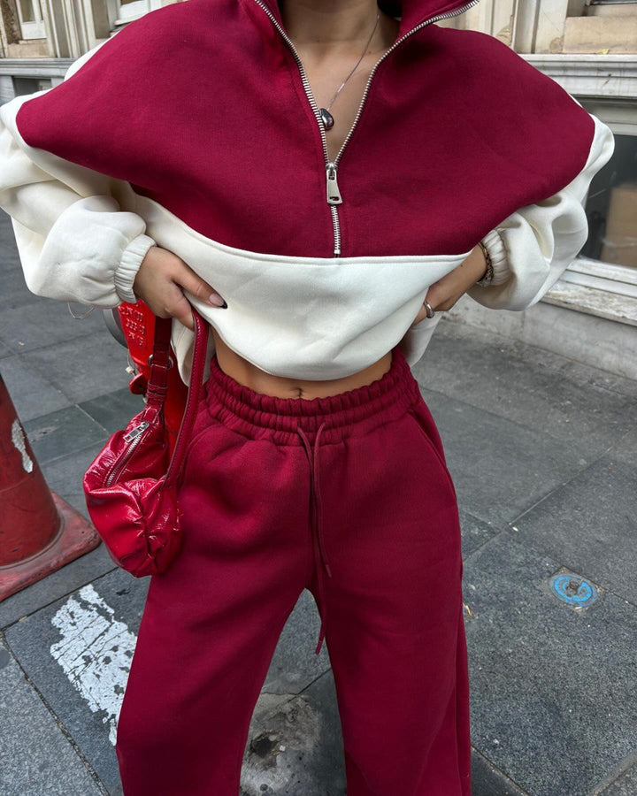 Damen Oversized Zweifarbiges Half-Zip Loungewear-Set mit Stehkragen und weitem Palazzo-Jogger Drune