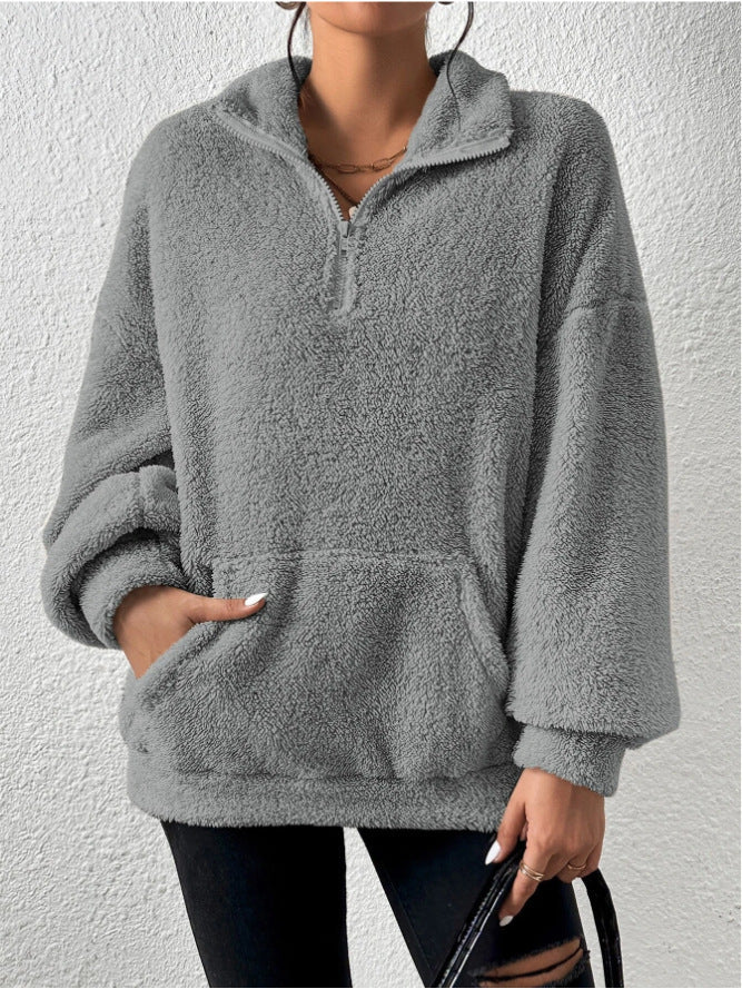 Drune Plüsch-Kängurutaschen-Stehkragen-Sweatshirt