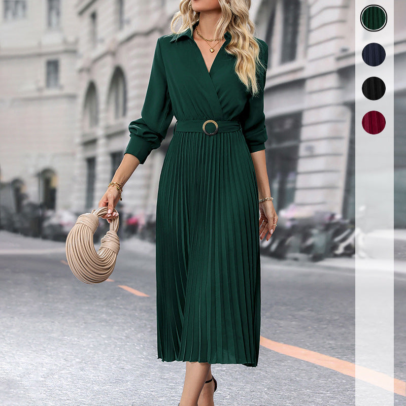Damen Plissiertes Wickel-Midikleid mit Hemdkragen, Taillengürtel und langen Manschettenärmeln Drune