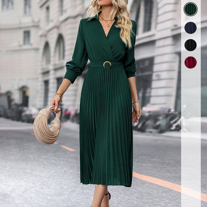 Damen Plissiertes Wickel-Midikleid mit Hemdkragen, Taillengürtel und langen Manschettenärmeln Drune