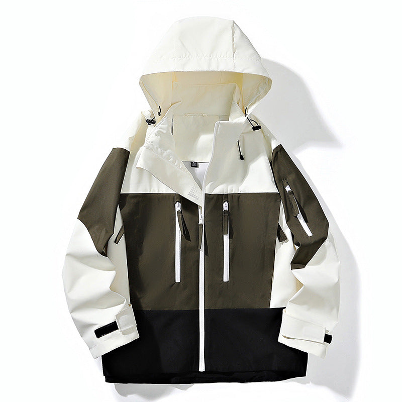 Herren Wasserabweisende Colorblock-Outdoorjacke mit Kapuze, Mehrfach-Reißverschlusstaschen und verstellbaren Bündchen Drune