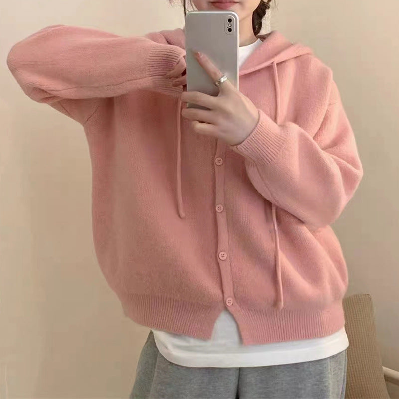 Damen Strickjacke mit Kapuze und Knopfverschluss Drune