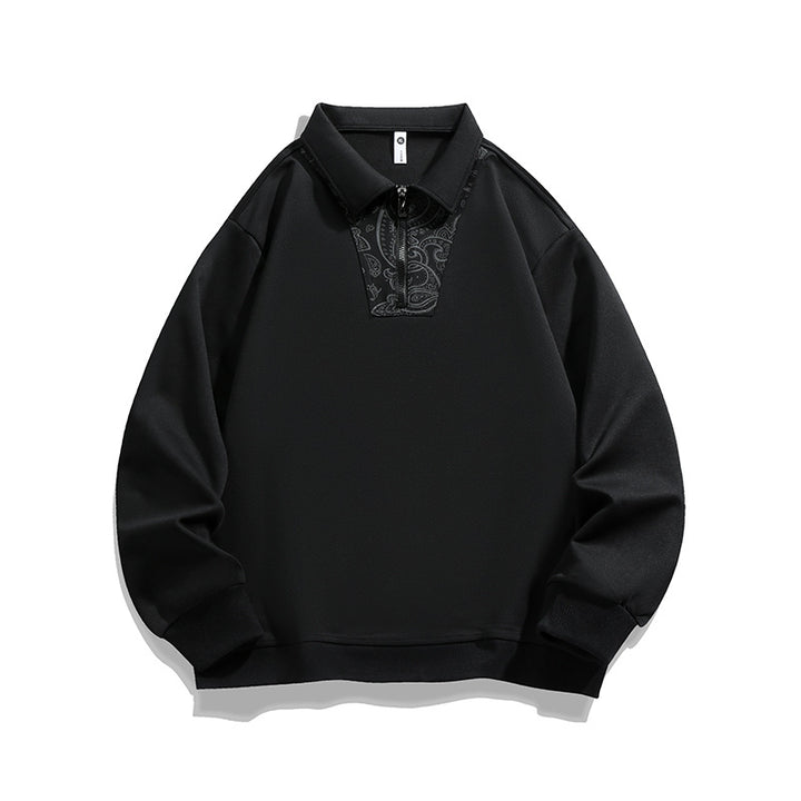 Herren Lockeres Sweatshirt mit Polokragen, halbem Reißverschluss und Paisley-Besatz Drune