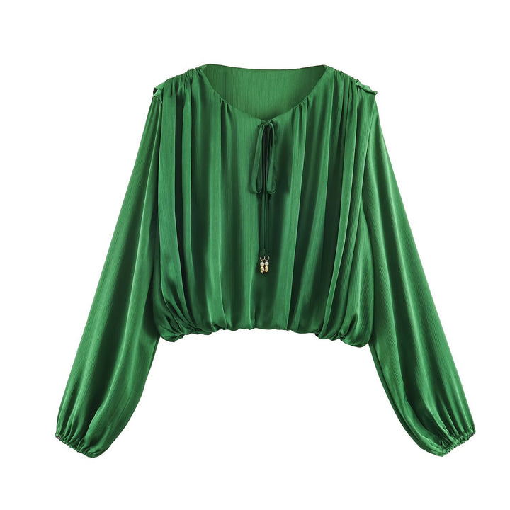 Damen Cropped-Bluse im Boho-Stil mit Kordelbindung, Ballonärmeln und Gummizug Drune