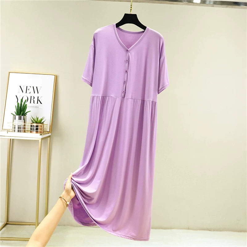 Modal-Kurzarmkleid mit Knopfleiste für Damen, lockere Passform und figurschmeichelnde Wirkung Drune