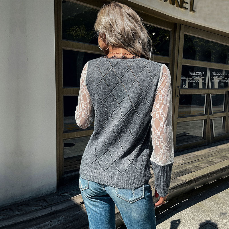 Damen Strickpullunder mit Argyle‑Struktur und transparenten Spitzenärmeln Drune