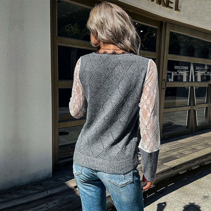 Damen Strickpullunder mit Argyle‑Struktur und transparenten Spitzenärmeln Drune