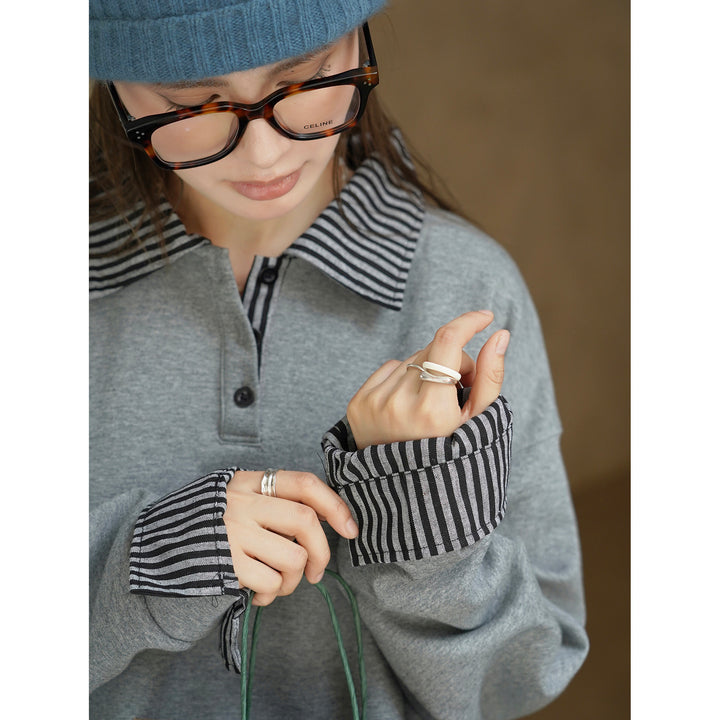 Damen Relaxed-Fit Sweatshirt mit gestreiftem Kragen- und Manschettenbesatz Drune