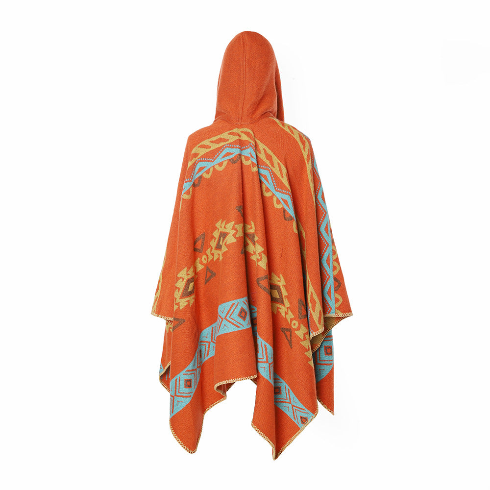Damen Kapuzenponcho im Jacquardmuster aus Wollmix mit dekorativer Kettelnaht Drune