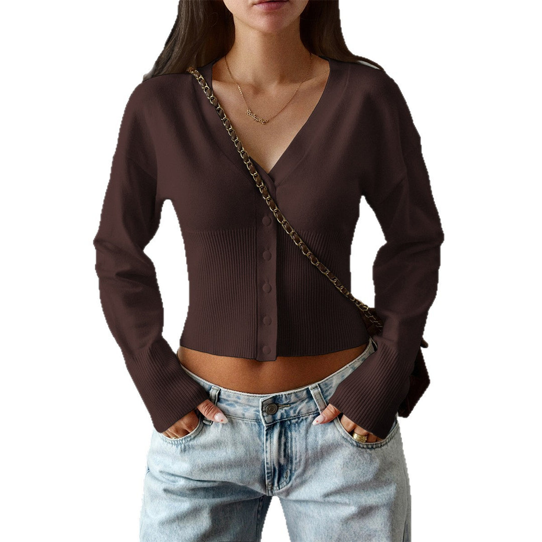 Damen nan taillierte Cropped-Strickjacke mit tiefem V-Ausschnitt, geripptem Bund und durchgehender Knopfleiste Drune
