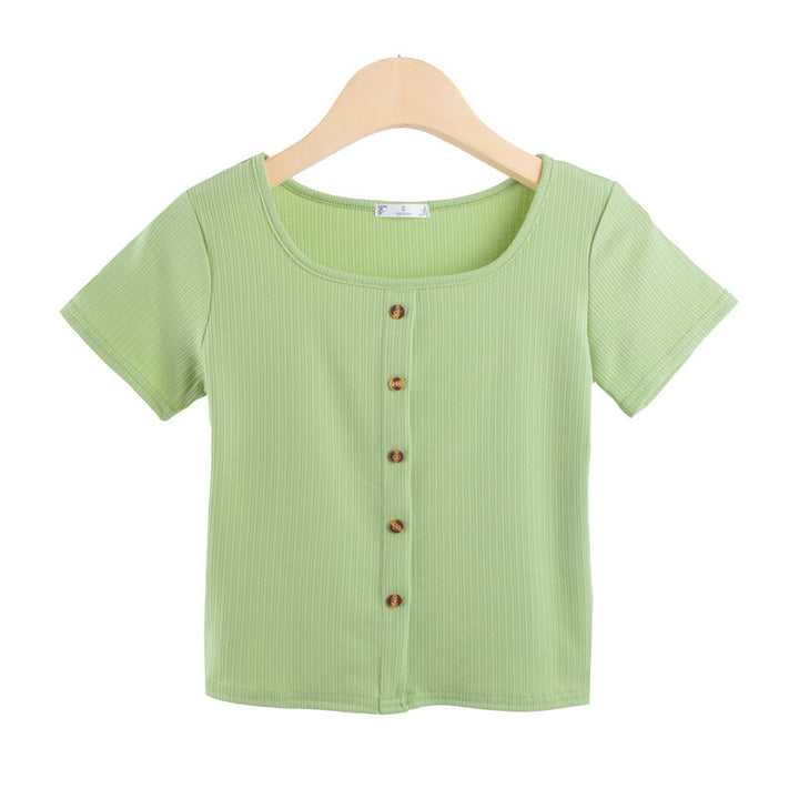 Damen Kurzarmshirt mit dekorativer Knopfleiste und modernem Rippenstrick Drune