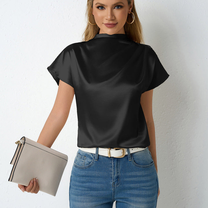 Damen elegante Satin Bluse mit Stehkragen Drune