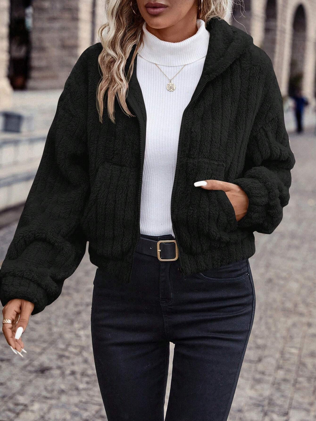 Damen Fleecejacke mit Kapuze und weichem Innenfutter Drune