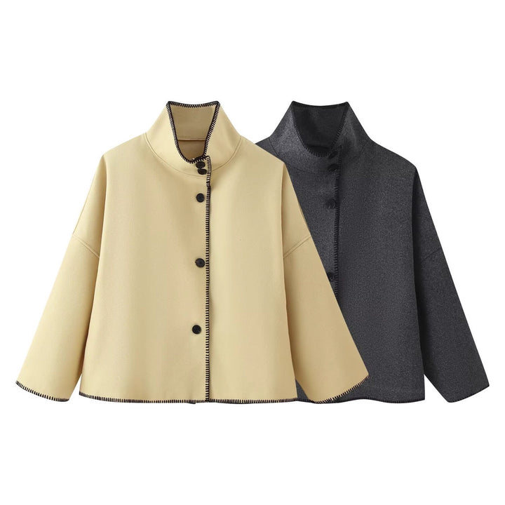 Damen Kurzer kastiger Mantel‑Cape mit Stehkragen und Kontrast‑Ziernaht Drune