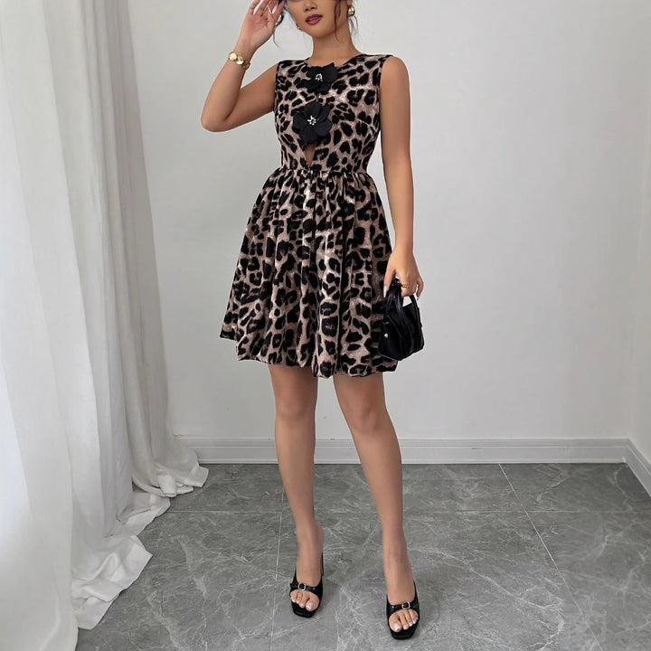 Damen nan kurzes Partykleid mit Leopardenmuster, floralen Applikationen und tailliertem Ballonrock Drune
