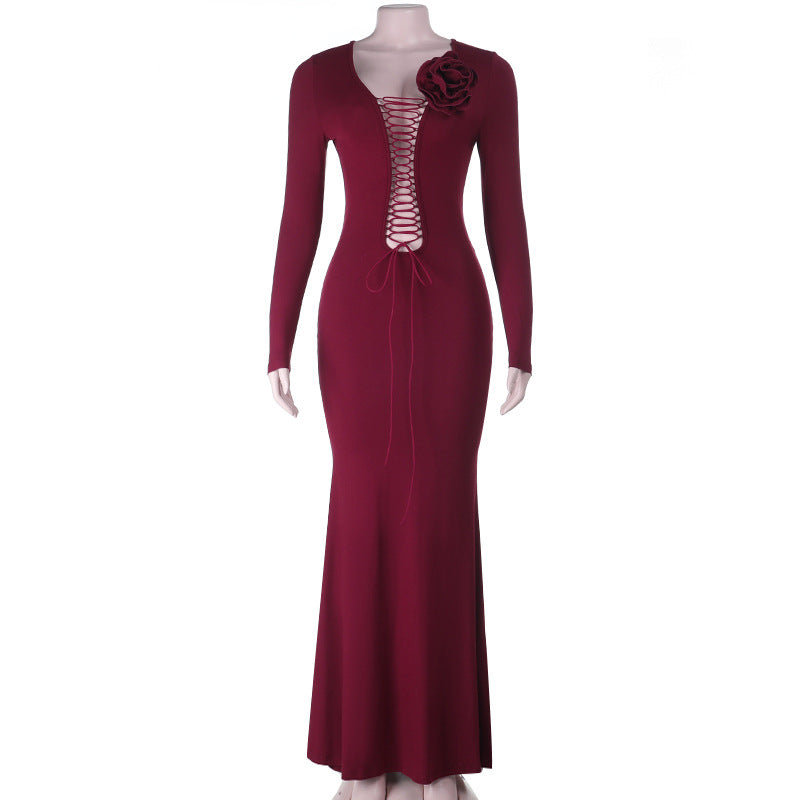 Damen figurbetontes Maxikleid mit Schnürung und floralem Detail Drune