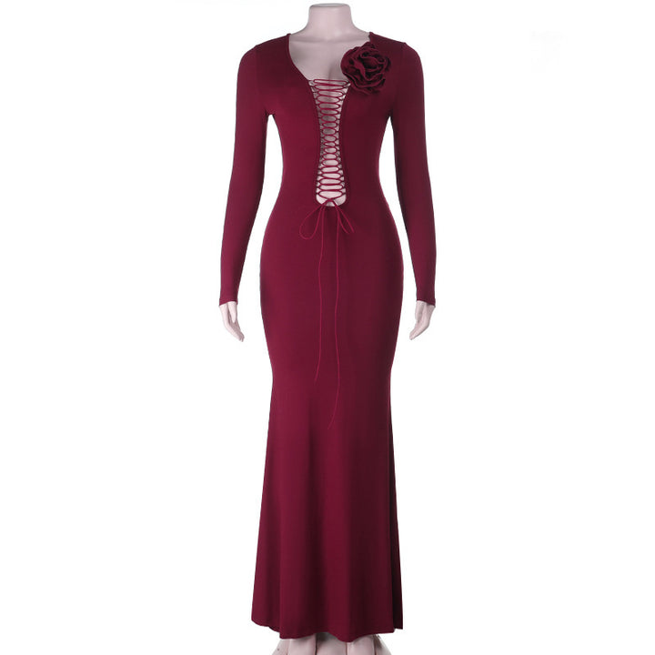 Damen figurbetontes Maxikleid mit Schnürung und floralem Detail Drune
