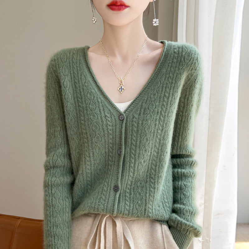 Damen Kurzer Zopfmuster-Cardigan im Mohair-Look mit V‑Ausschnitt und gerippten Bündchen Drune