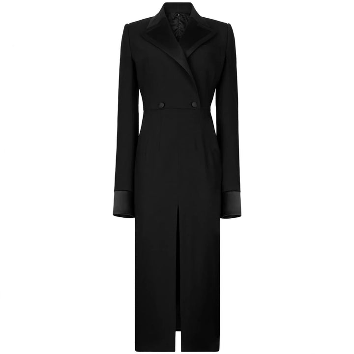 Damen Tailliertes Blazerkleid im Longcut mit Satinrevers und Frontschlitz Drune