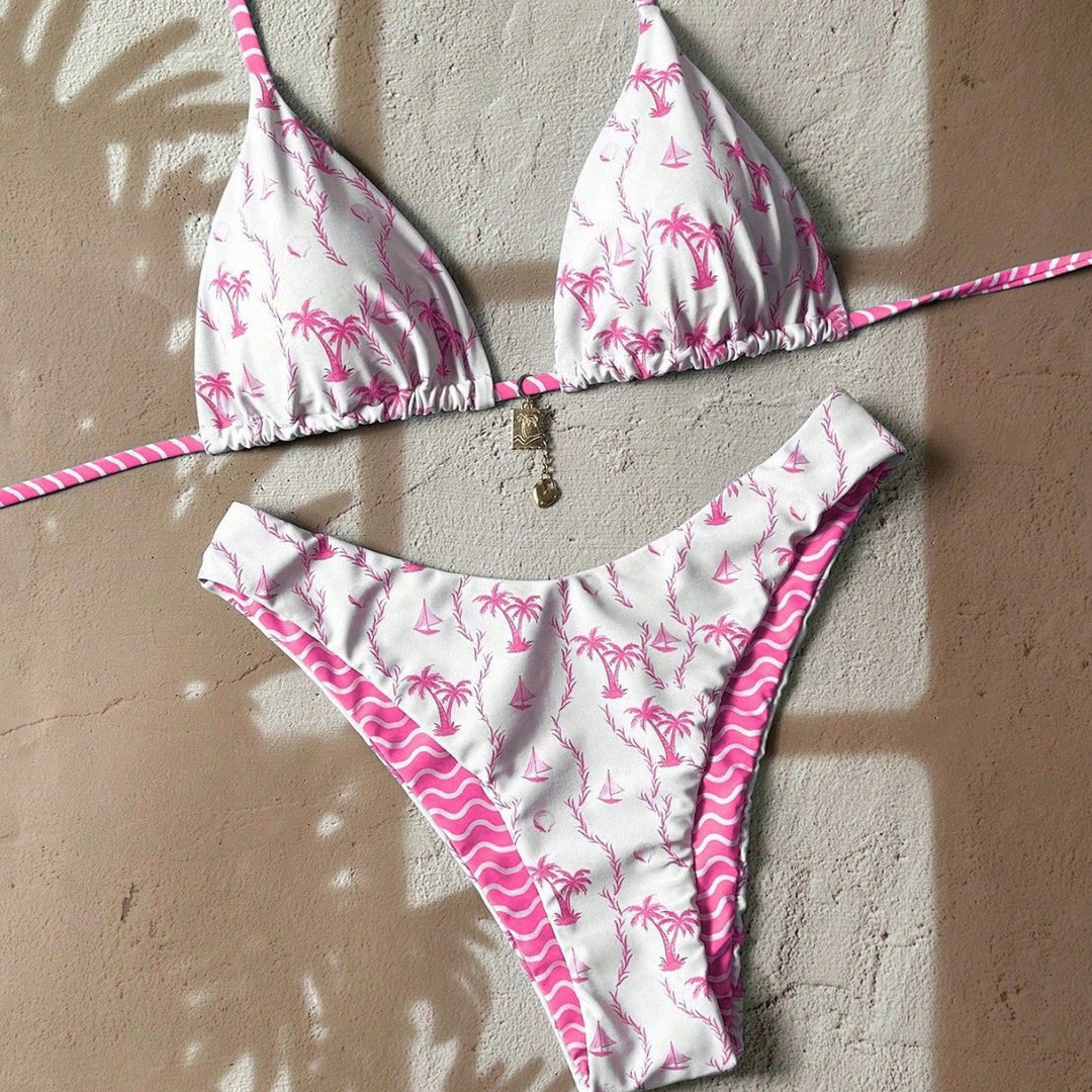 Damen Triangel-Bikini mit tropischem Muster Drune