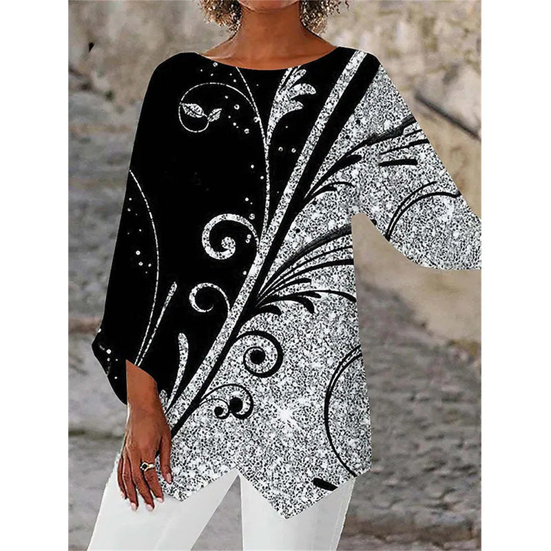 Damen asymmetrisches A-Linien-Tunika mit ornamentalem Druck und spitzem Saum Drune