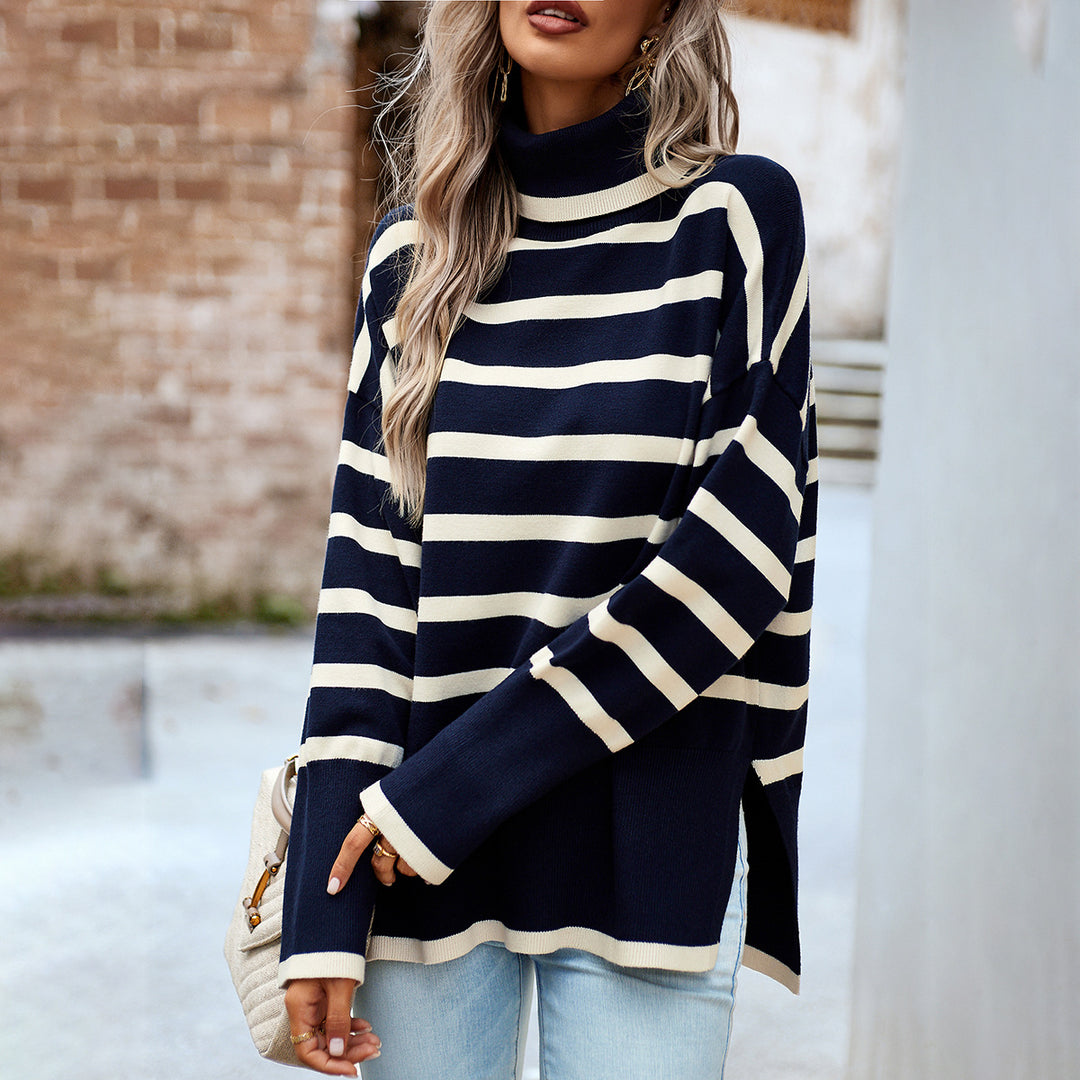 Damen nan Oversize Rollkragenpullover mit Querstreifen, weitem Schnitt und seitlichen Schlitzen Drune