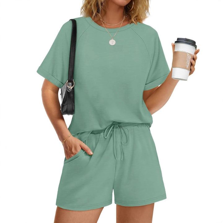 Damen lässiger Kombi aus T-Shirt und Shorts mit elastischem Bund Drune