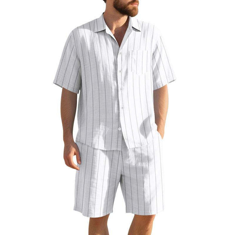 Herren Kurzarm-Pyjama-Set mit dezentem Streifenmuster und praktischer Brusttasche Drune