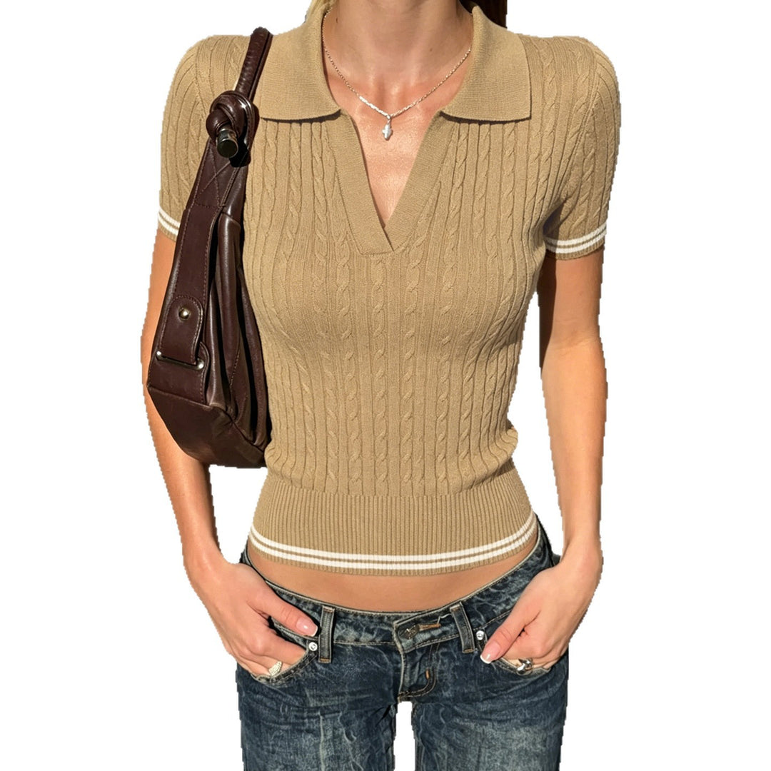Damen Kurzarm-Polooberteil mit elegantem Kabelstrickdesign Drune