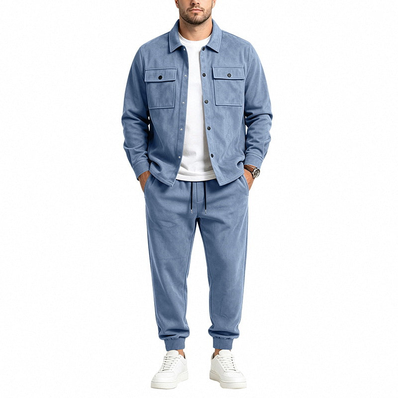 Herren nan Velours-Lounge-Set mit Overshirt, aufgesetzten Brusttaschen und tapered Jogginghose Drune