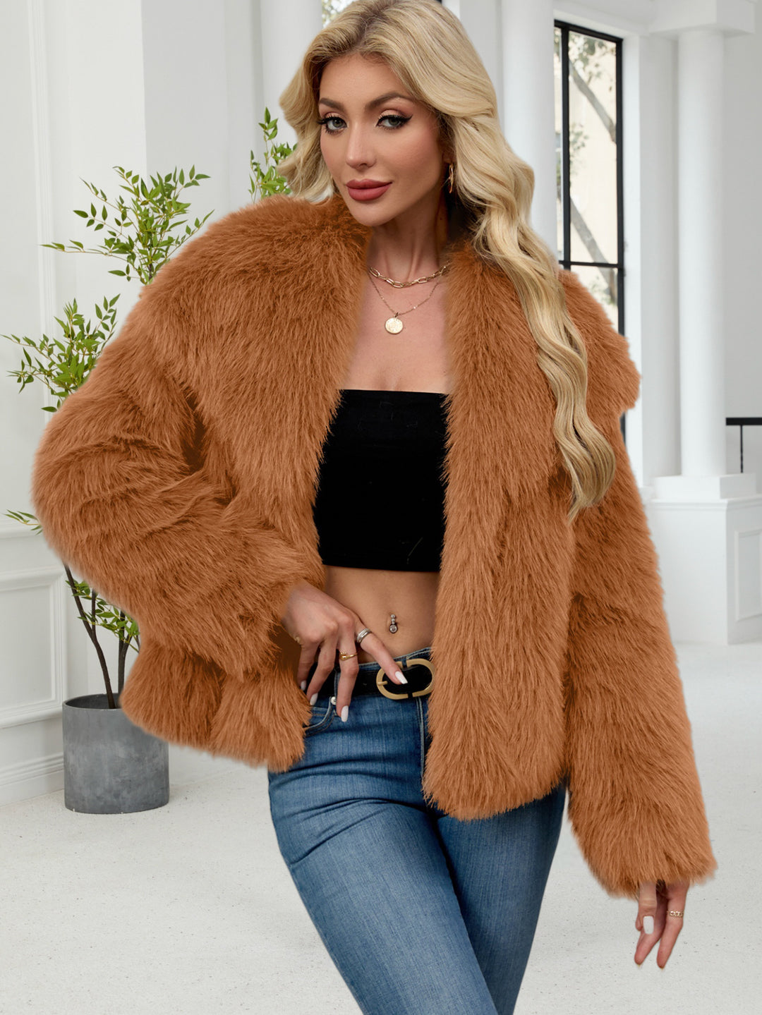 Damen Flauschige Kunstpelzjacke mit oversized Schnitt und voluminösen Ärmeln Drune