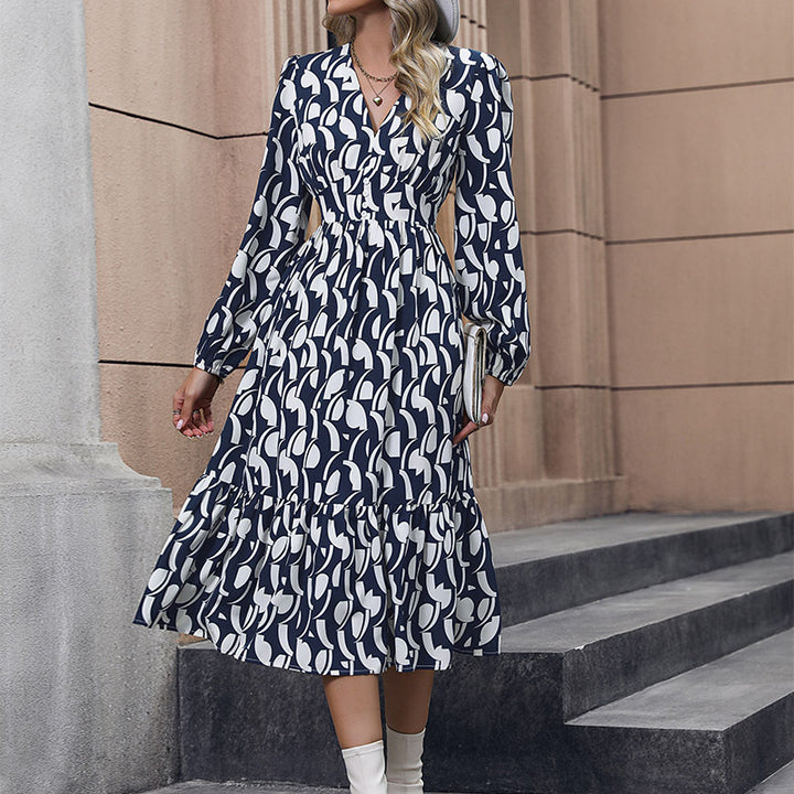 Damen Midi-Kleid mit V-Ausschnitt und Rüschen Drune