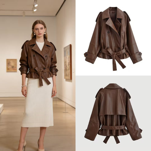 Damen Kurz geschnittener Kunstleder-Trenchcoat mit Bindegürtel und Schulterriegel Drune
