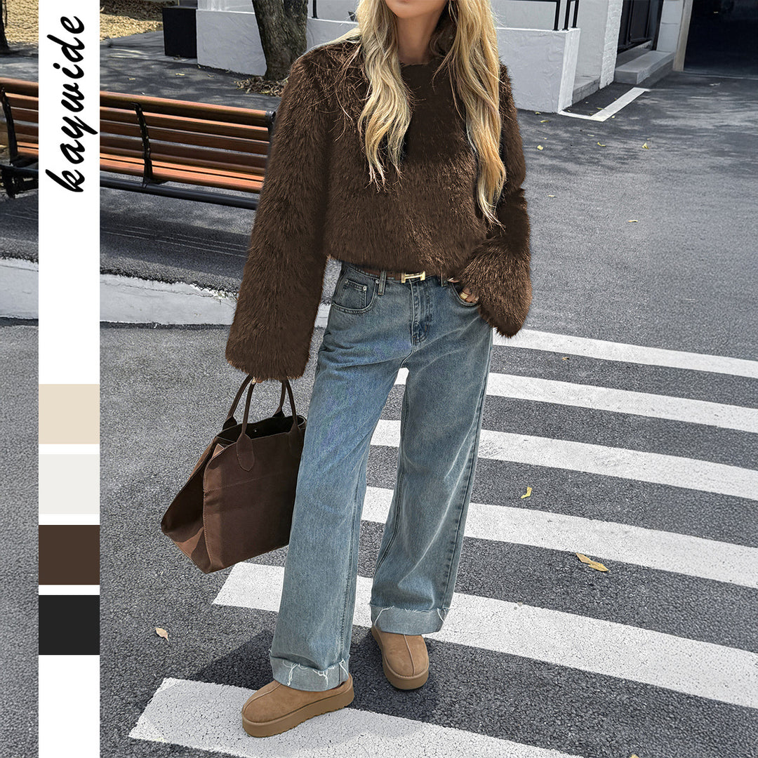 Damen nan kuscheliger Cropped-Faux-Fur-Pullover mit ausgestellten Ärmeln Drune