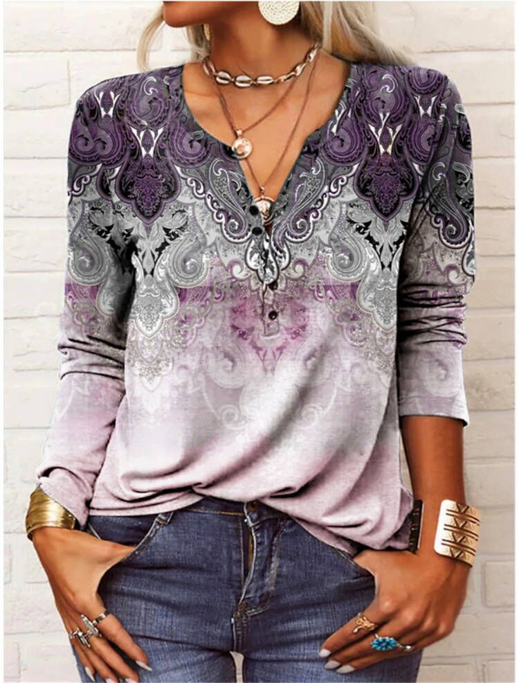 Damen Lockeres Langarm‑Henleyshirt mit V‑Ausschnitt, Knopfleiste und Ombre‑Print Drune
