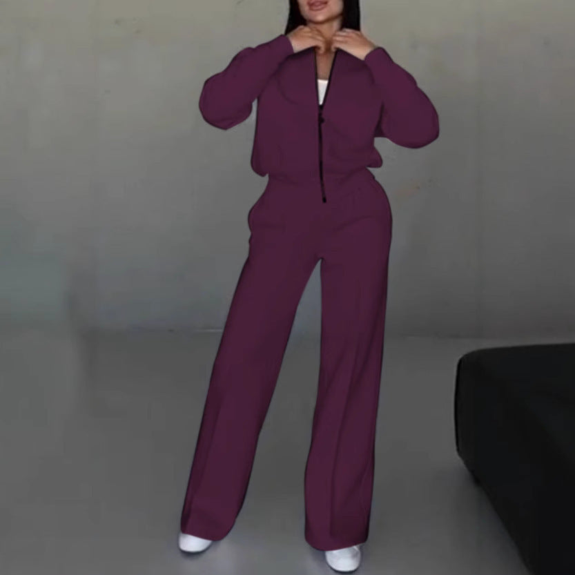 Damen nan kurz geschnittenes Blouson mit Reißverschluss und weiter High-Waist Jogginghose Set Drune