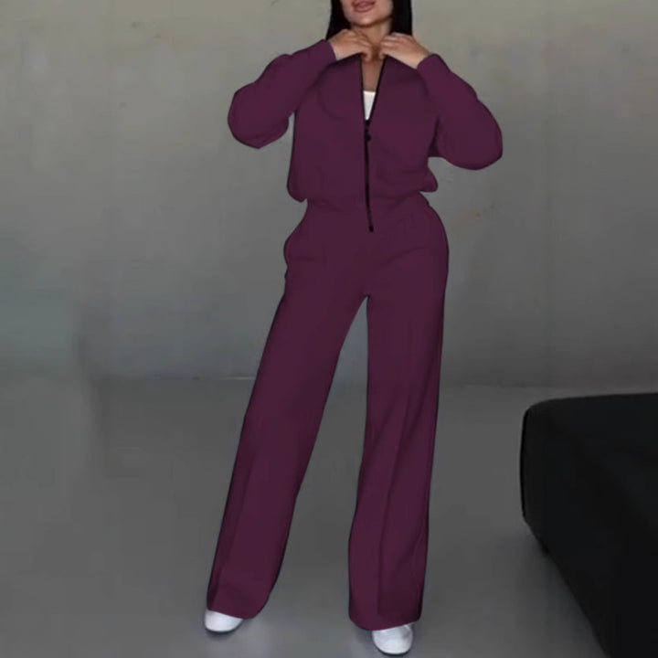 Damen nan kurz geschnittenes Blouson mit Reißverschluss und weiter High-Waist Jogginghose Set Drune