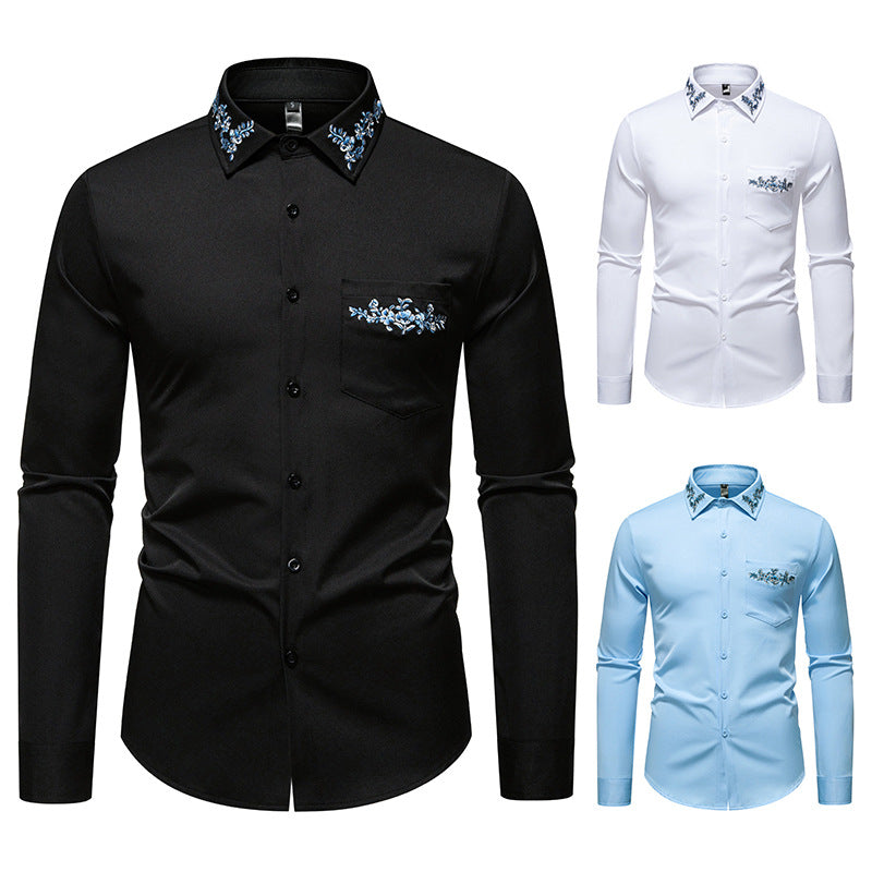 Herren Elegantes Slim-Fit Hemd mit floraler Stickerei am Kragen und aufgesetzter Brusttasche Drune