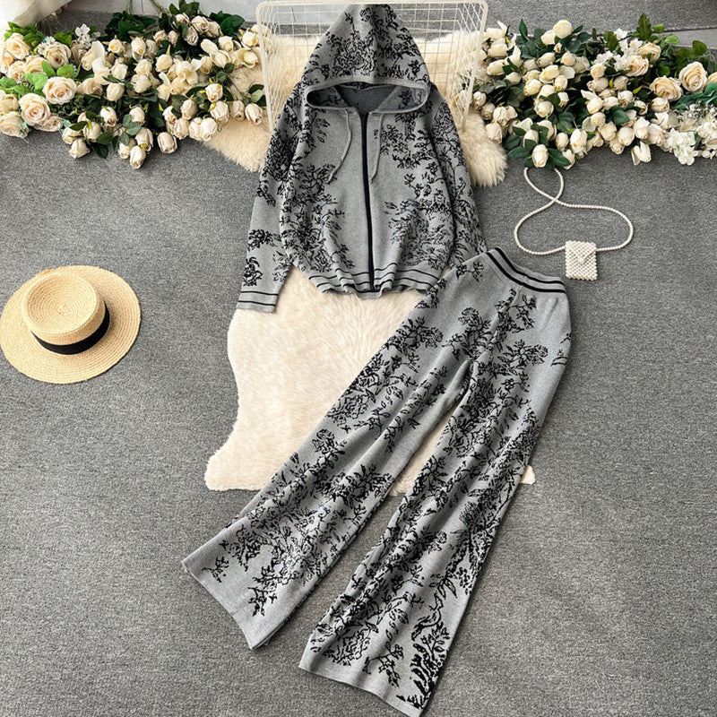 Damen modisches Freizeit-Lounge-Set mit Kapuze und floralem Muster Drune