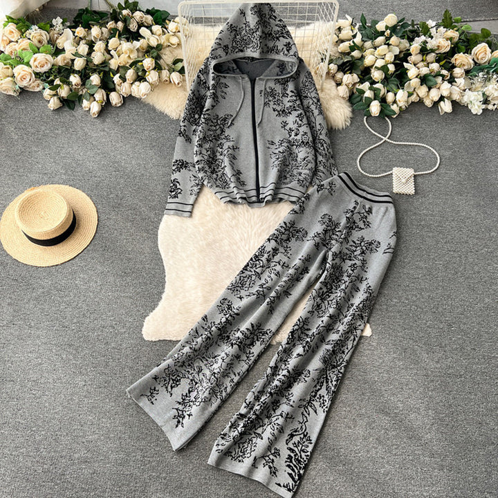 Damen modisches Freizeit-Lounge-Set mit Kapuze und floralem Muster Drune