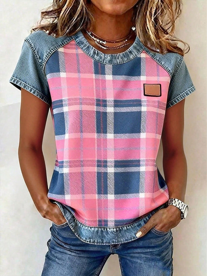 Damen Kurzarmshirt mit Jeans-Einsätzen und Teddy-Patchprint Drune