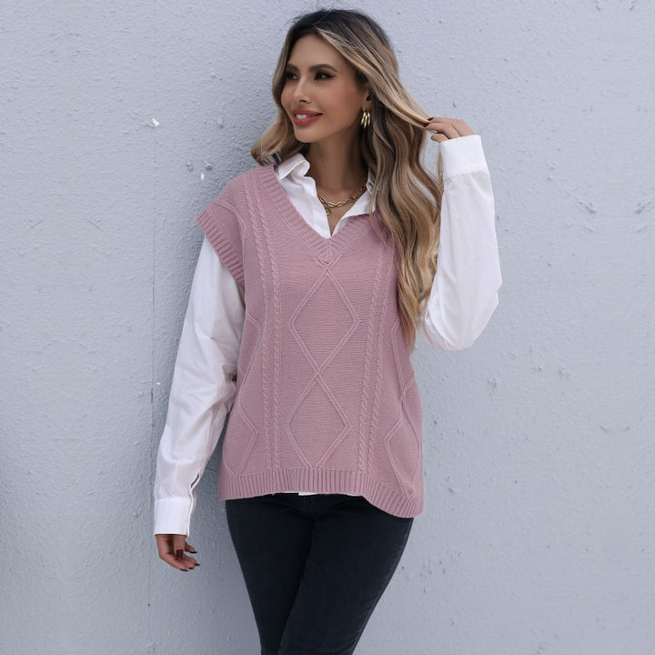 Damen Strickweste mit V-Ausschnitt und Rautenmuster Drune