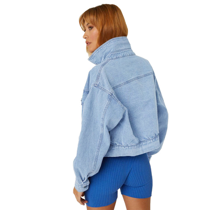 Damen Cropped Oversize-Denimjacke mit Druckknopf-Front und aufgesetzten Brusttaschen Drune