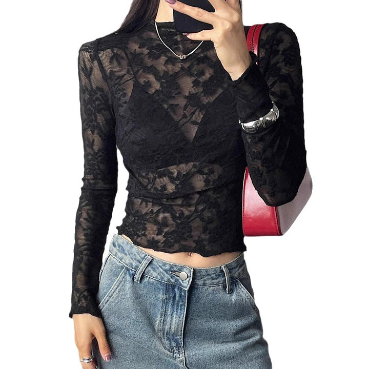 Damen nan eng anliegendes Spitzen-Langarmshirt mit floraler Ajour-Spitze, leicht transparent und Stehkragen Drune